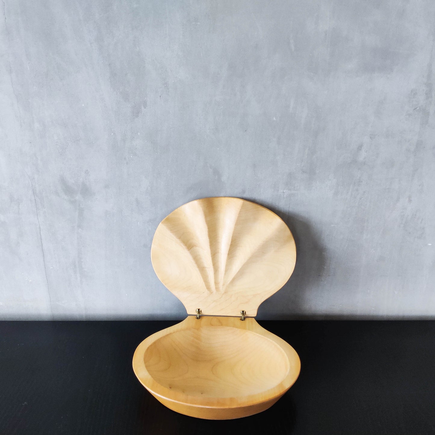 Sculptural hand carved beech wood scallop shell trinket box