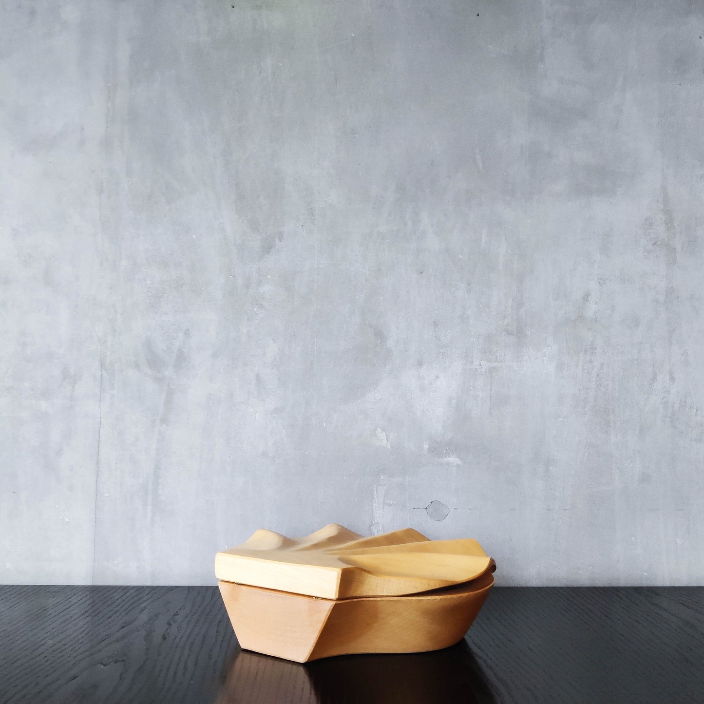 Sculptural hand carved beech wood scallop shell trinket box