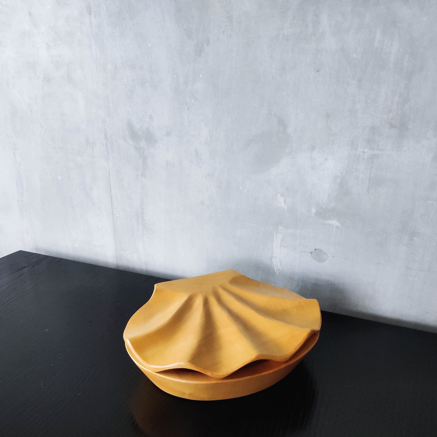 Sculptural hand carved beech wood scallop shell trinket box