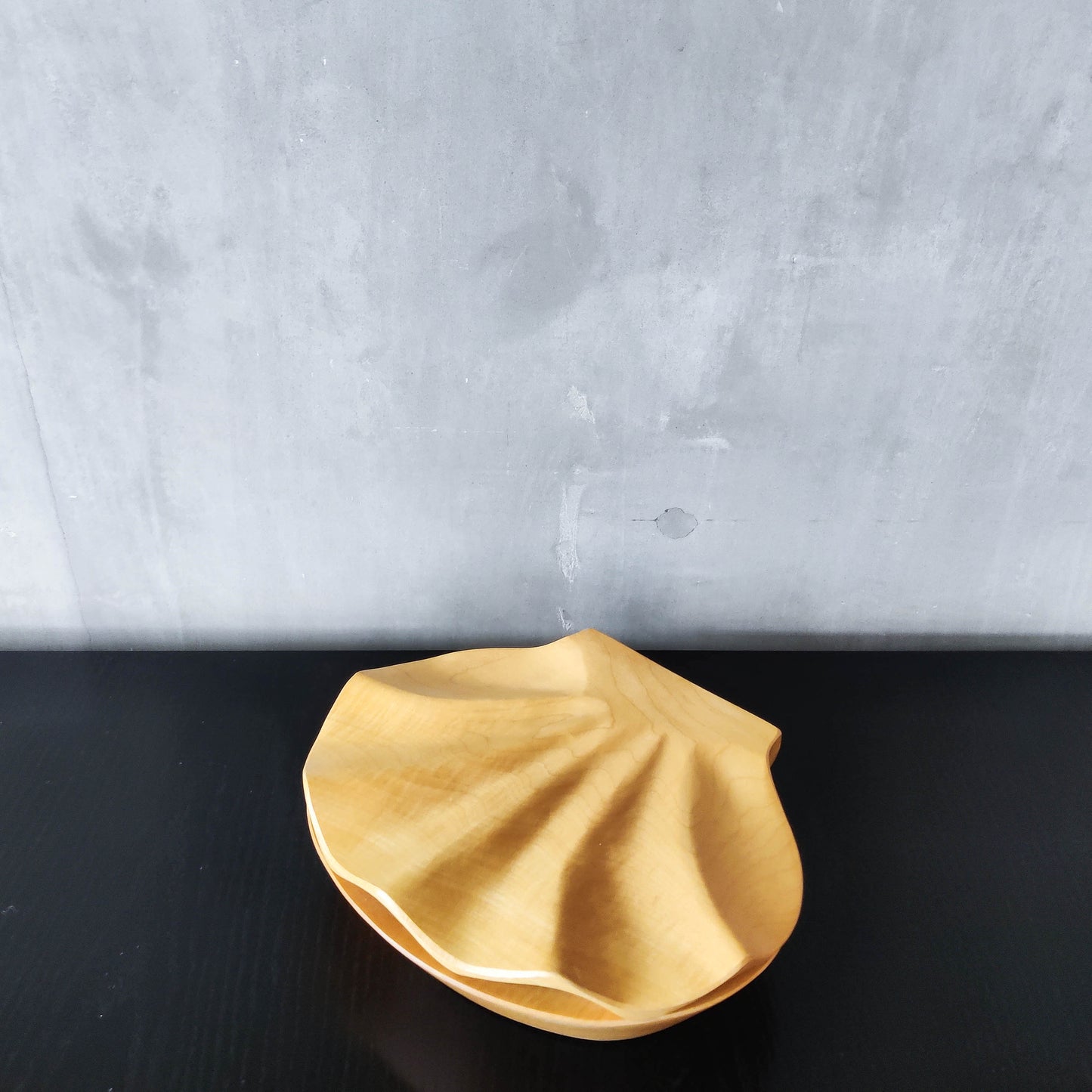 Sculptural hand carved beech wood scallop shell trinket box