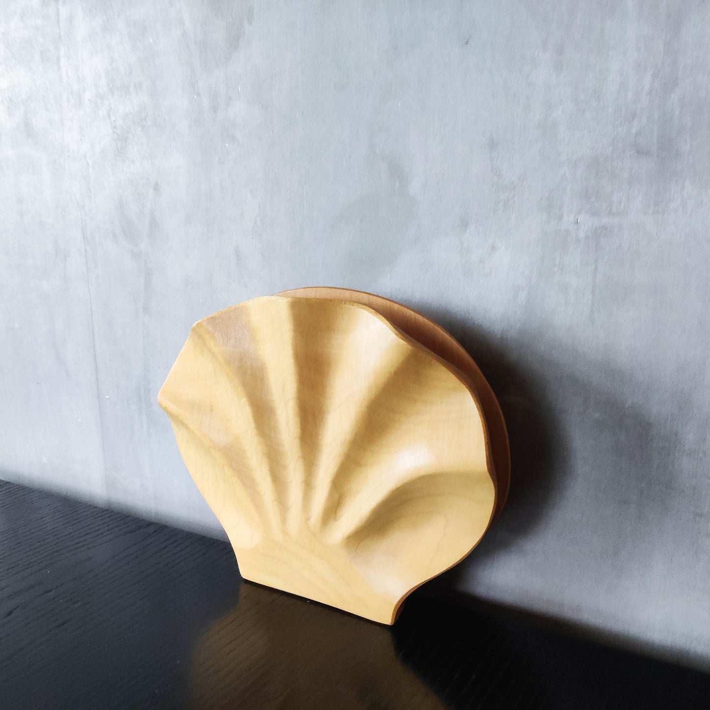 Sculptural hand carved beech wood scallop shell trinket box