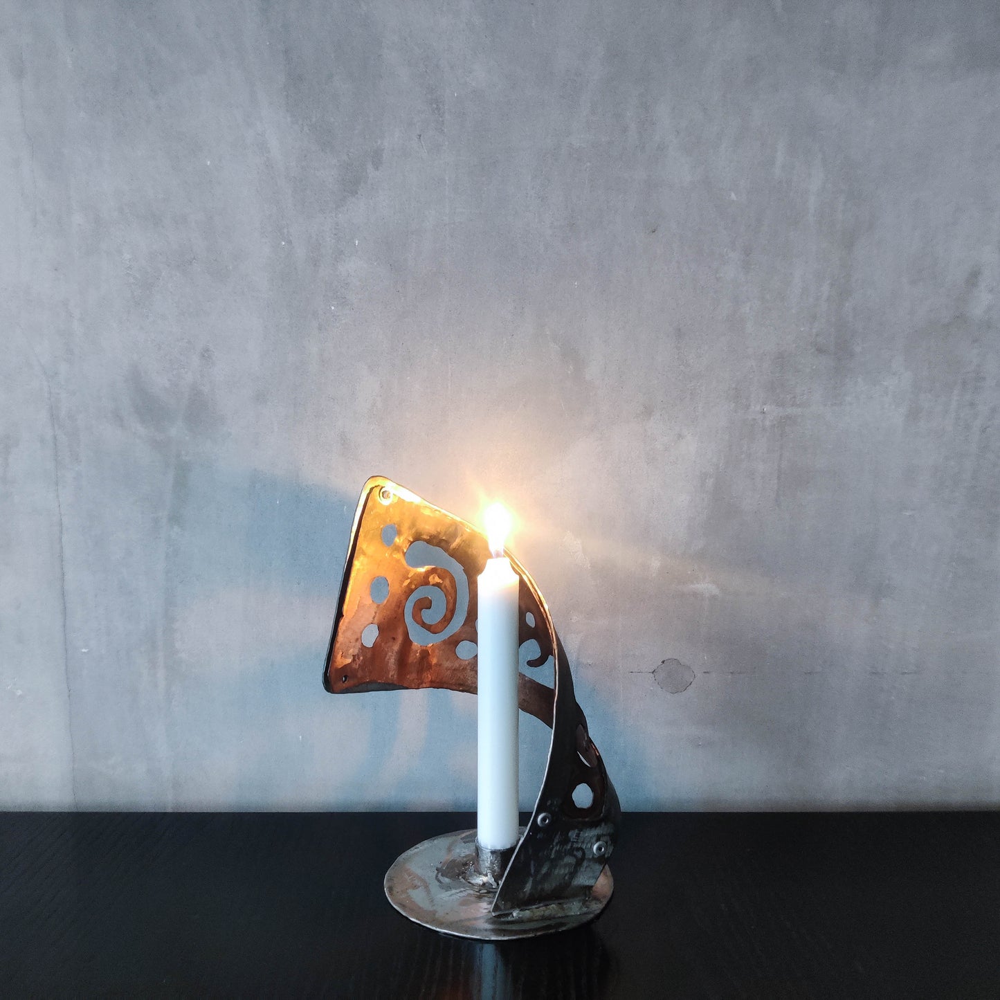 Handmade vintage brutalist steel copper sculptural candle holder