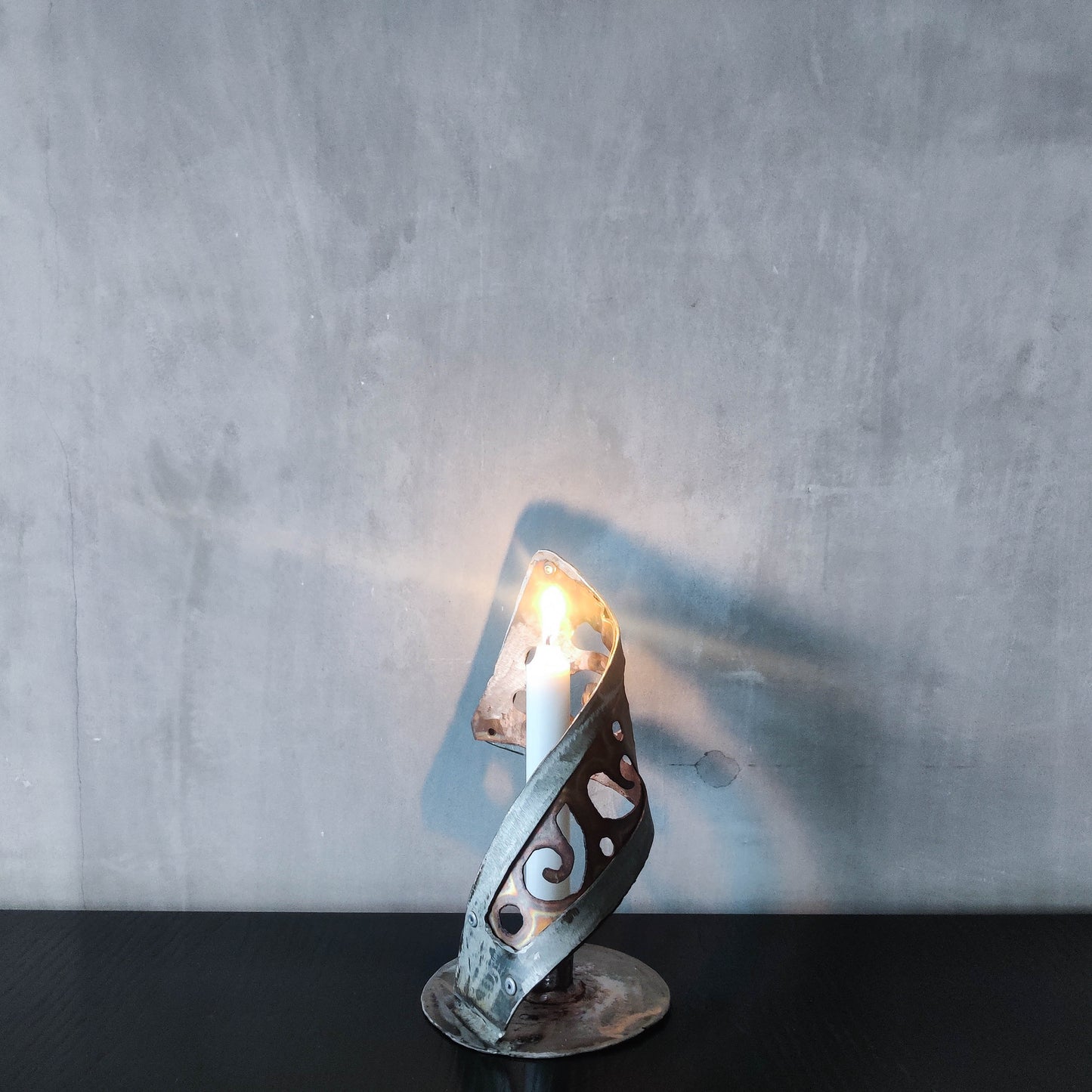 Handmade vintage brutalist steel copper sculptural candle holder