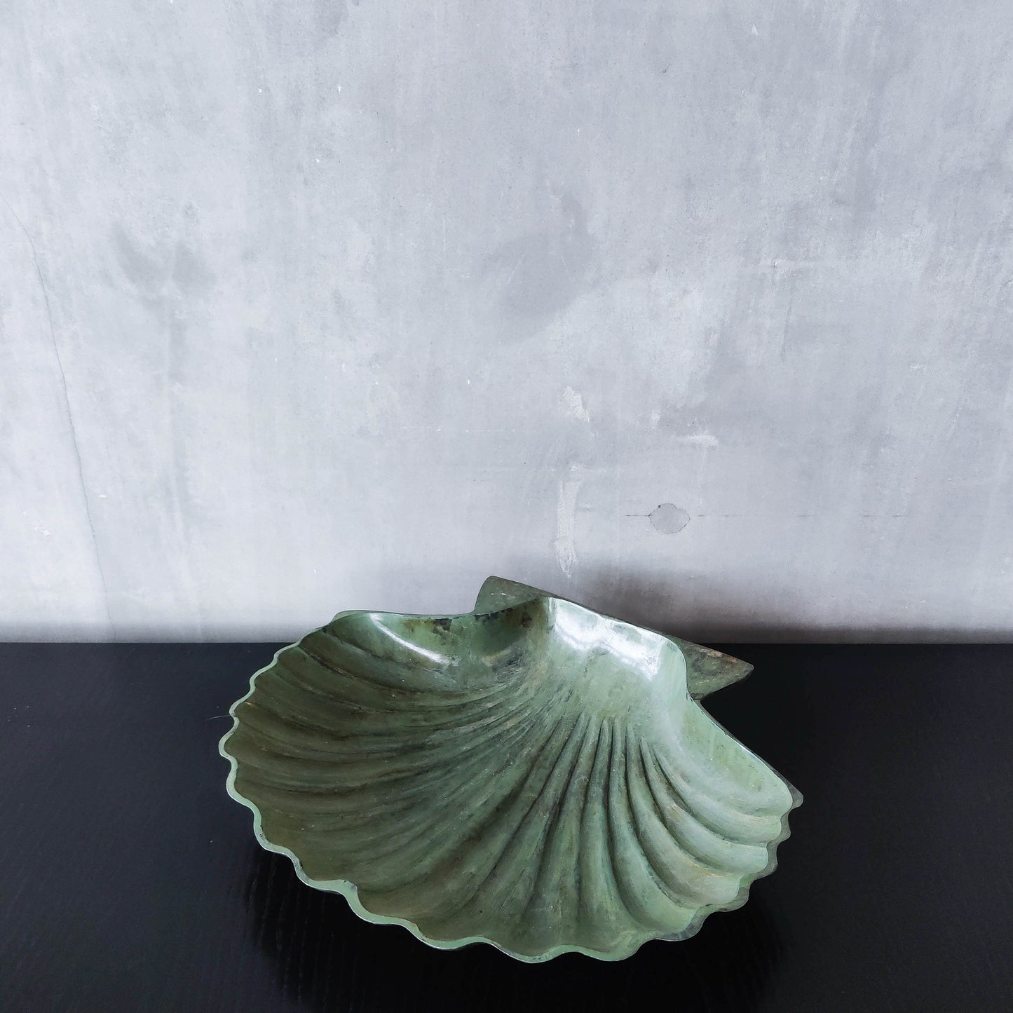 Vintage cast metal scallop shell dish vide poche catchall with green patina