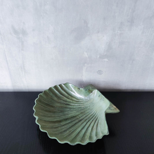 Vintage cast metal scallop shell dish vide poche catchall with green patina