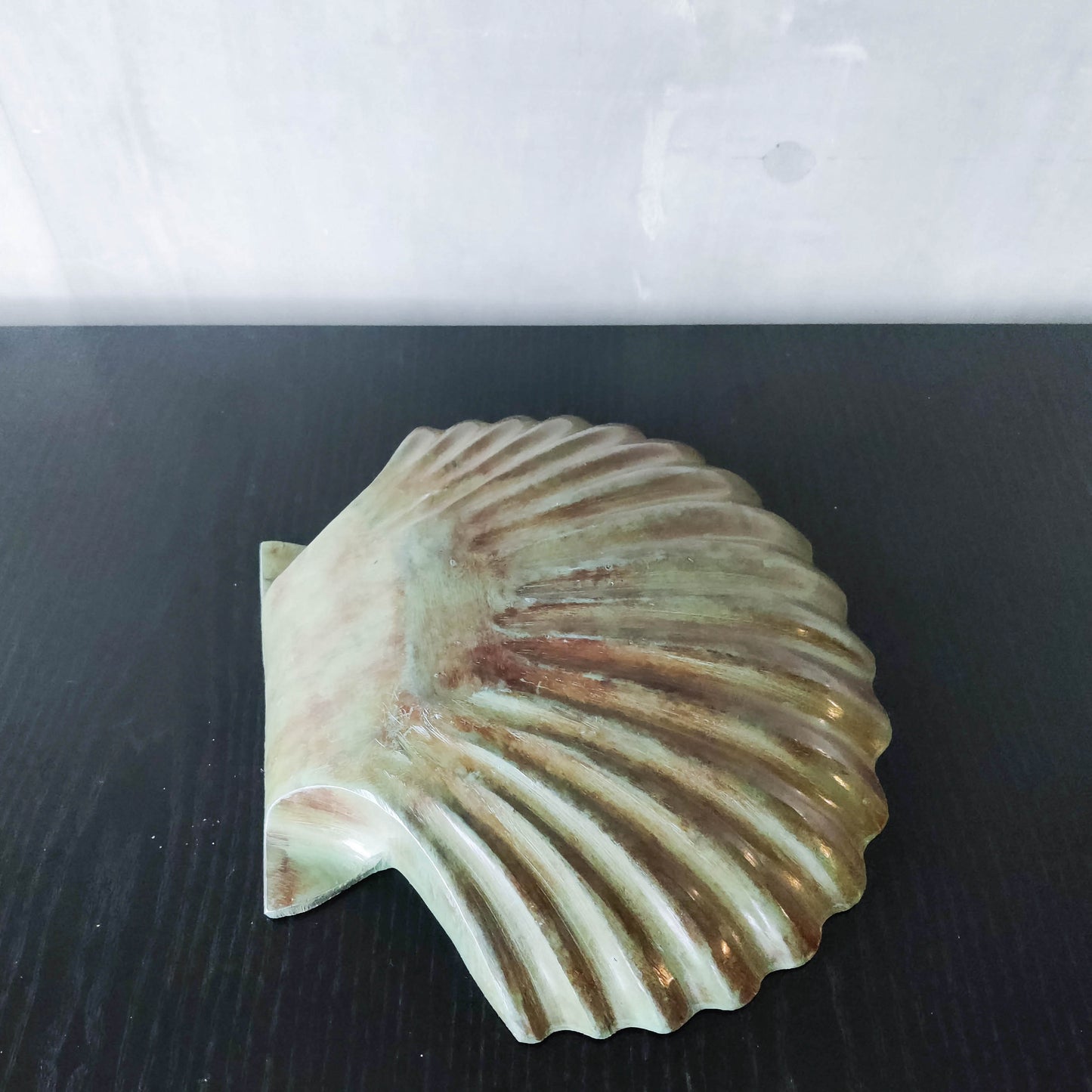 Vintage cast metal scallop shell dish vide poche catchall with green patina