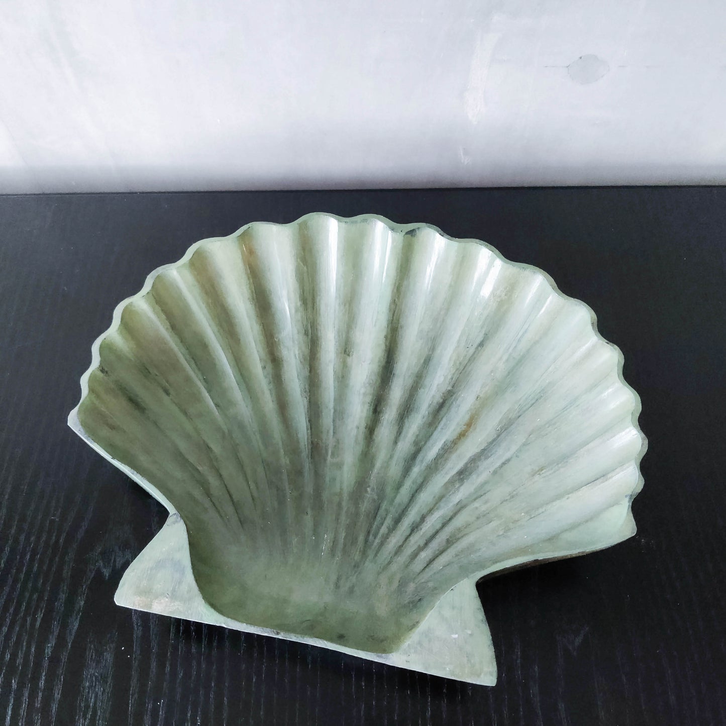 Vintage cast metal scallop shell dish vide poche catchall with green patina