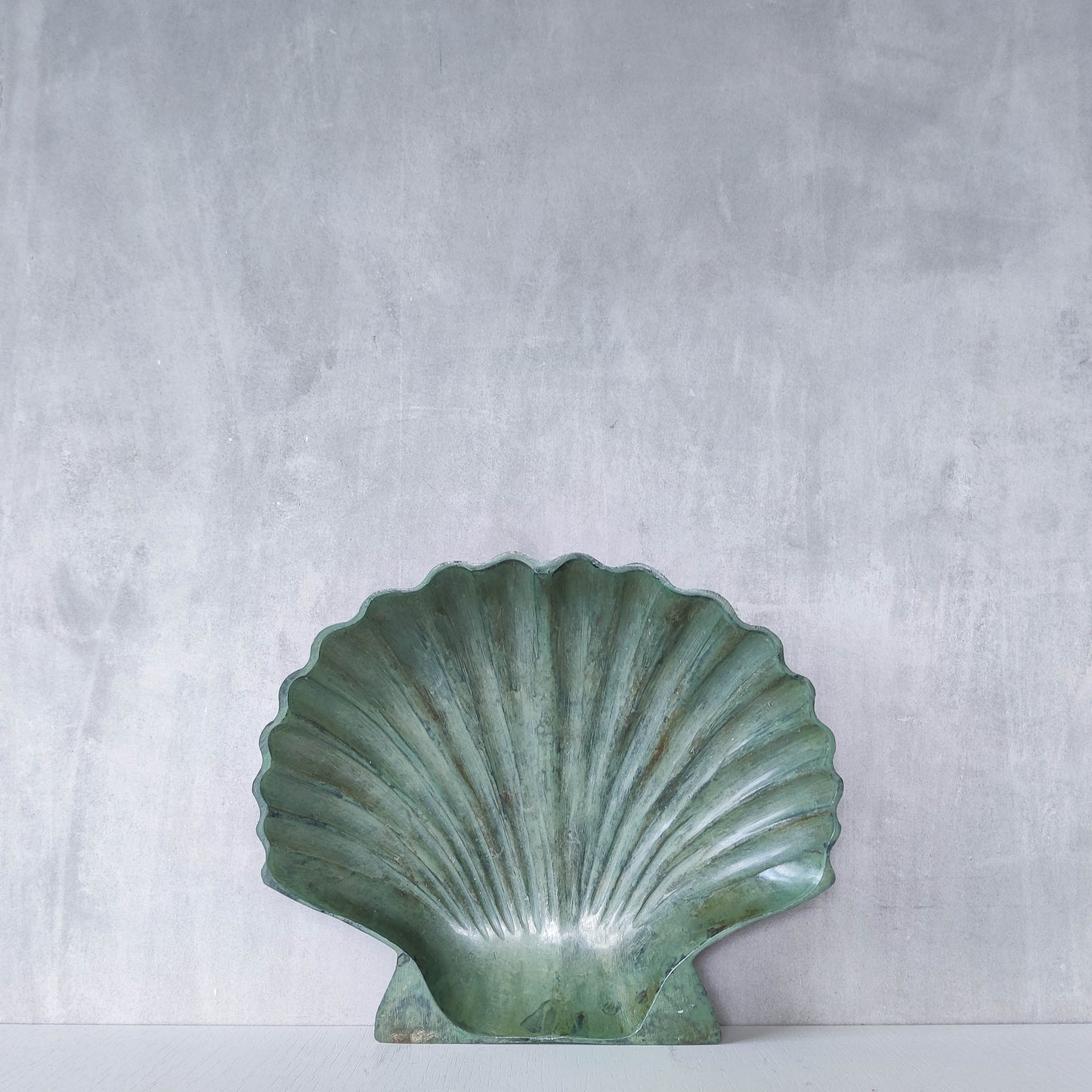 Vintage cast metal scallop shell dish vide poche catchall with green patina