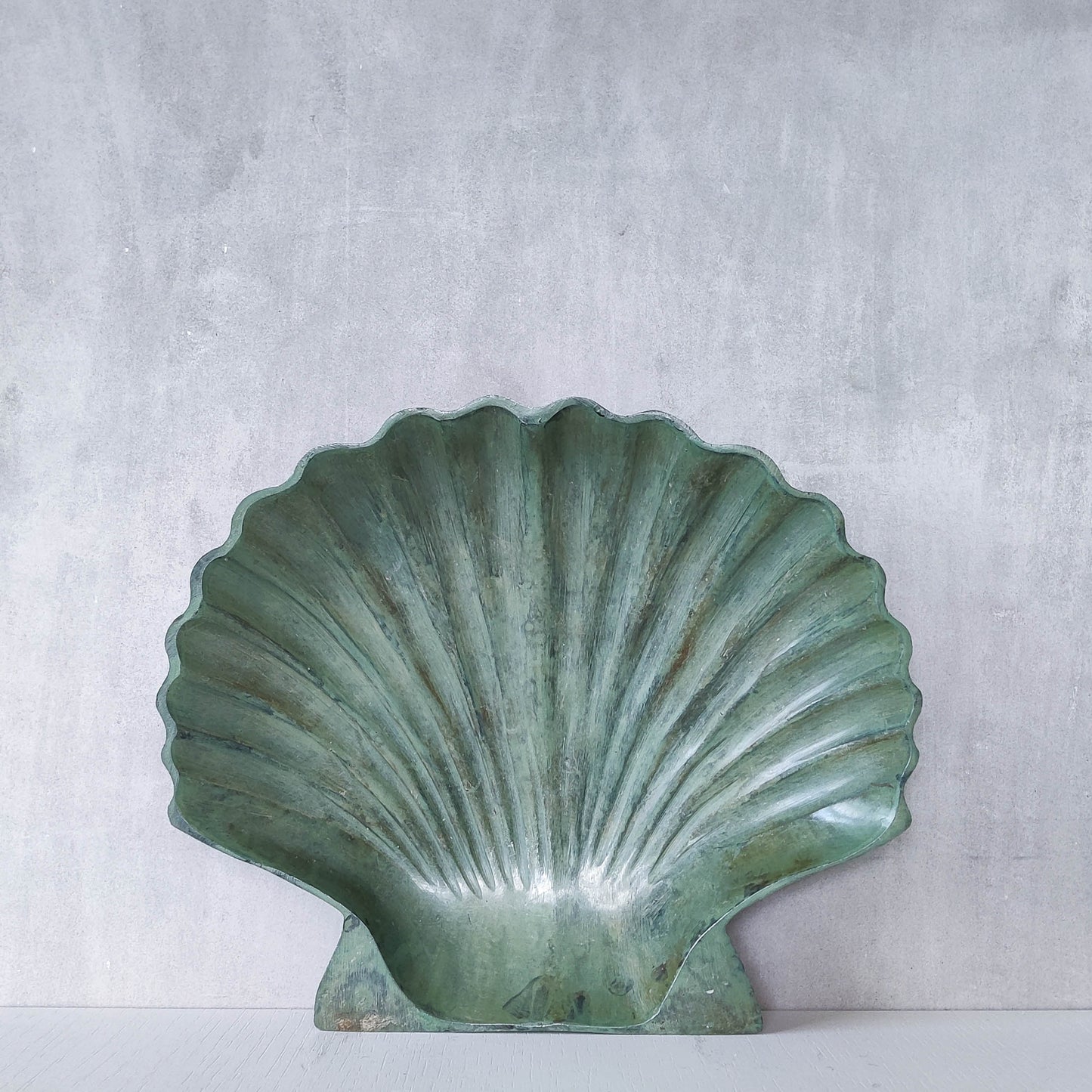Vintage cast metal scallop shell dish vide poche catchall with green patina