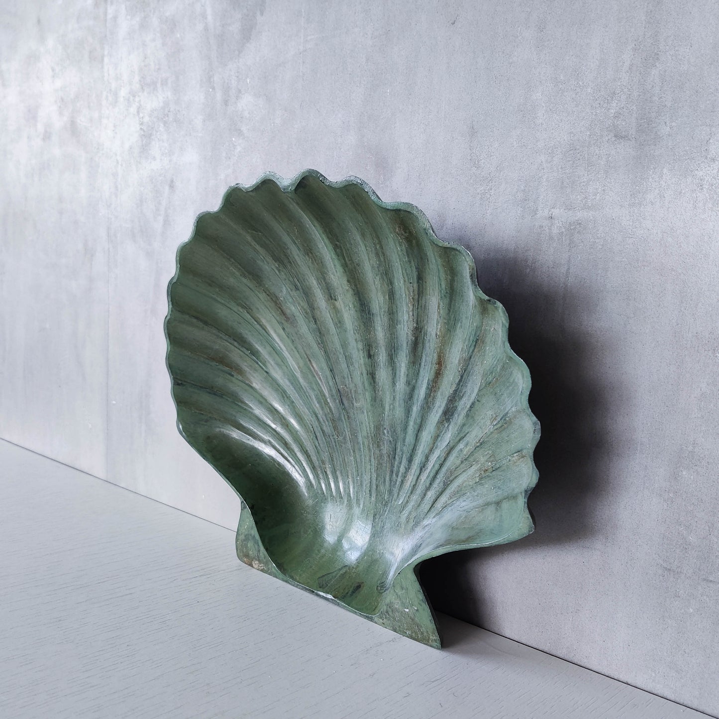 Vintage cast metal scallop shell dish vide poche catchall with green patina