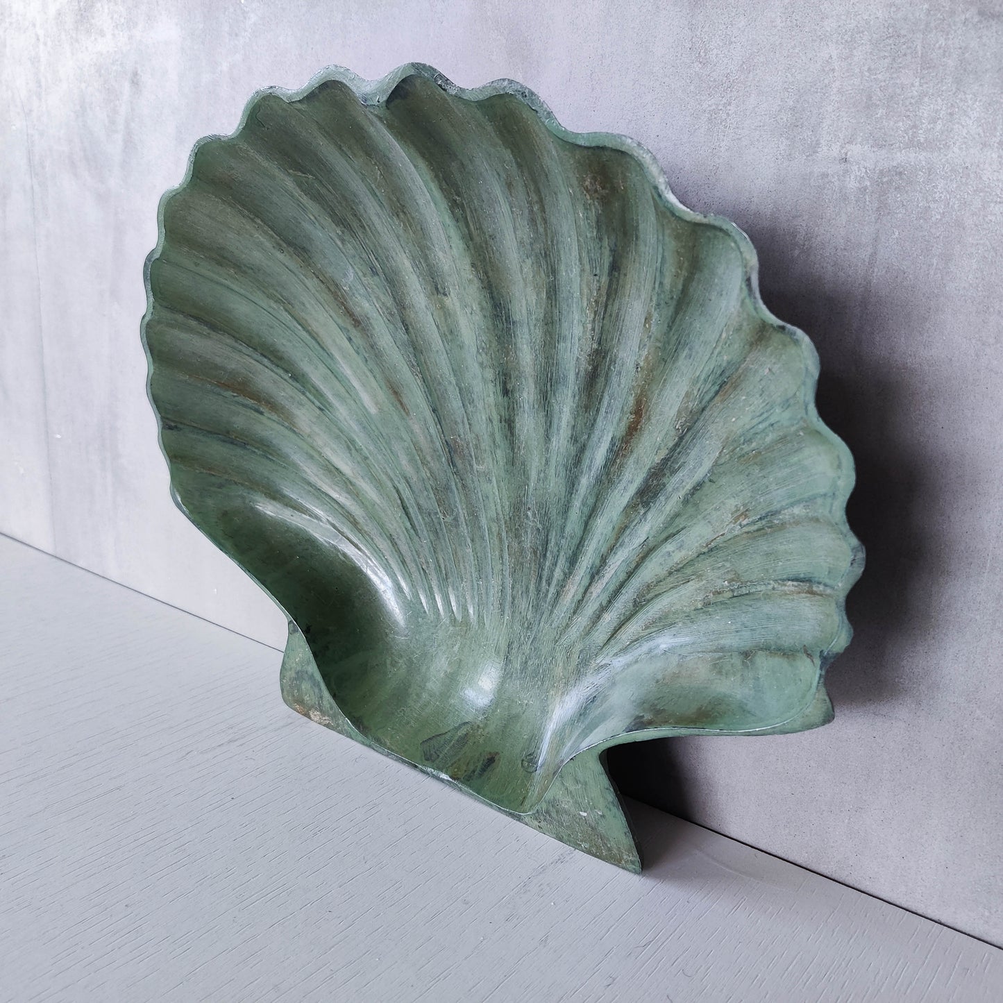 Vintage cast metal scallop shell dish vide poche catchall with green patina