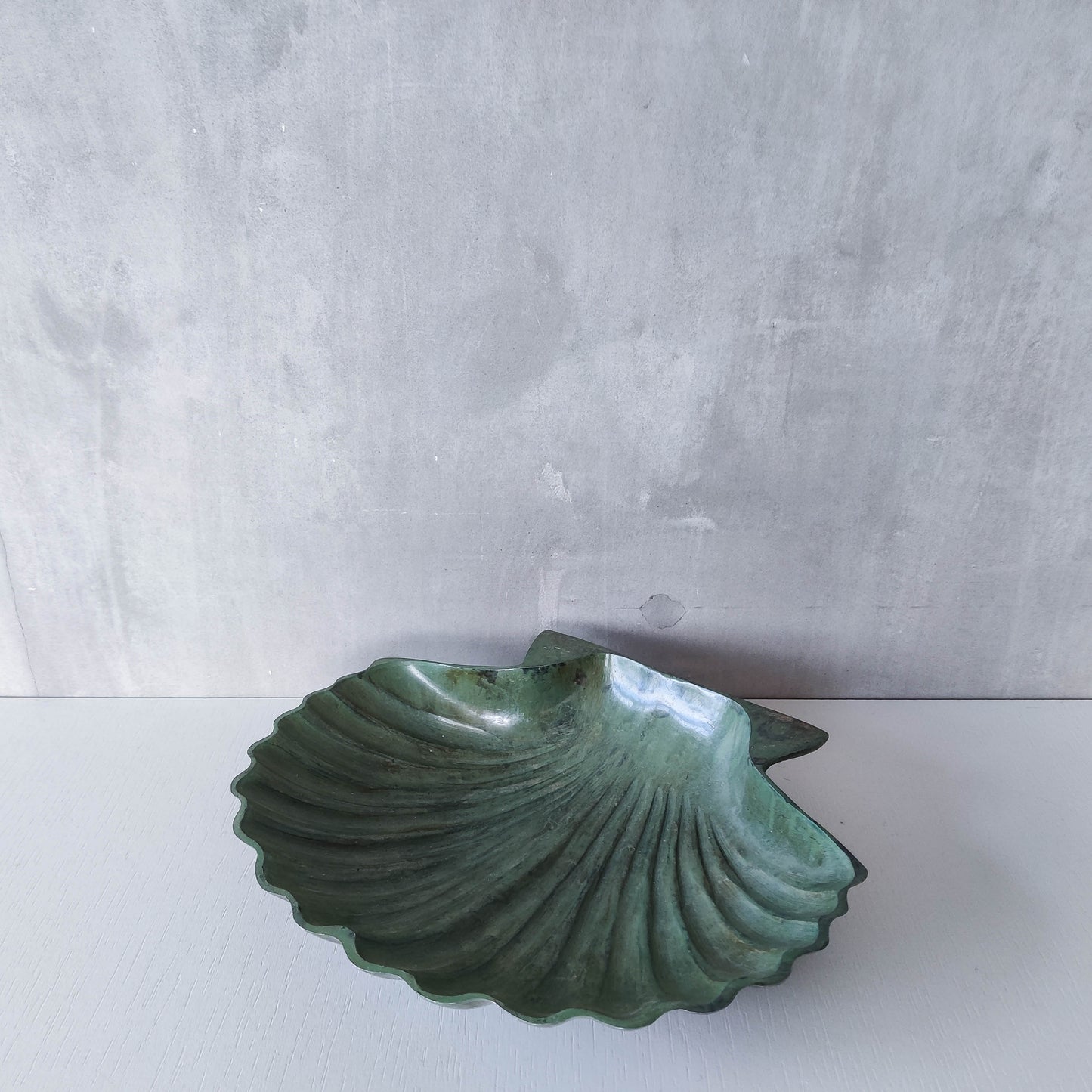 Vintage cast metal scallop shell dish vide poche catchall with green patina