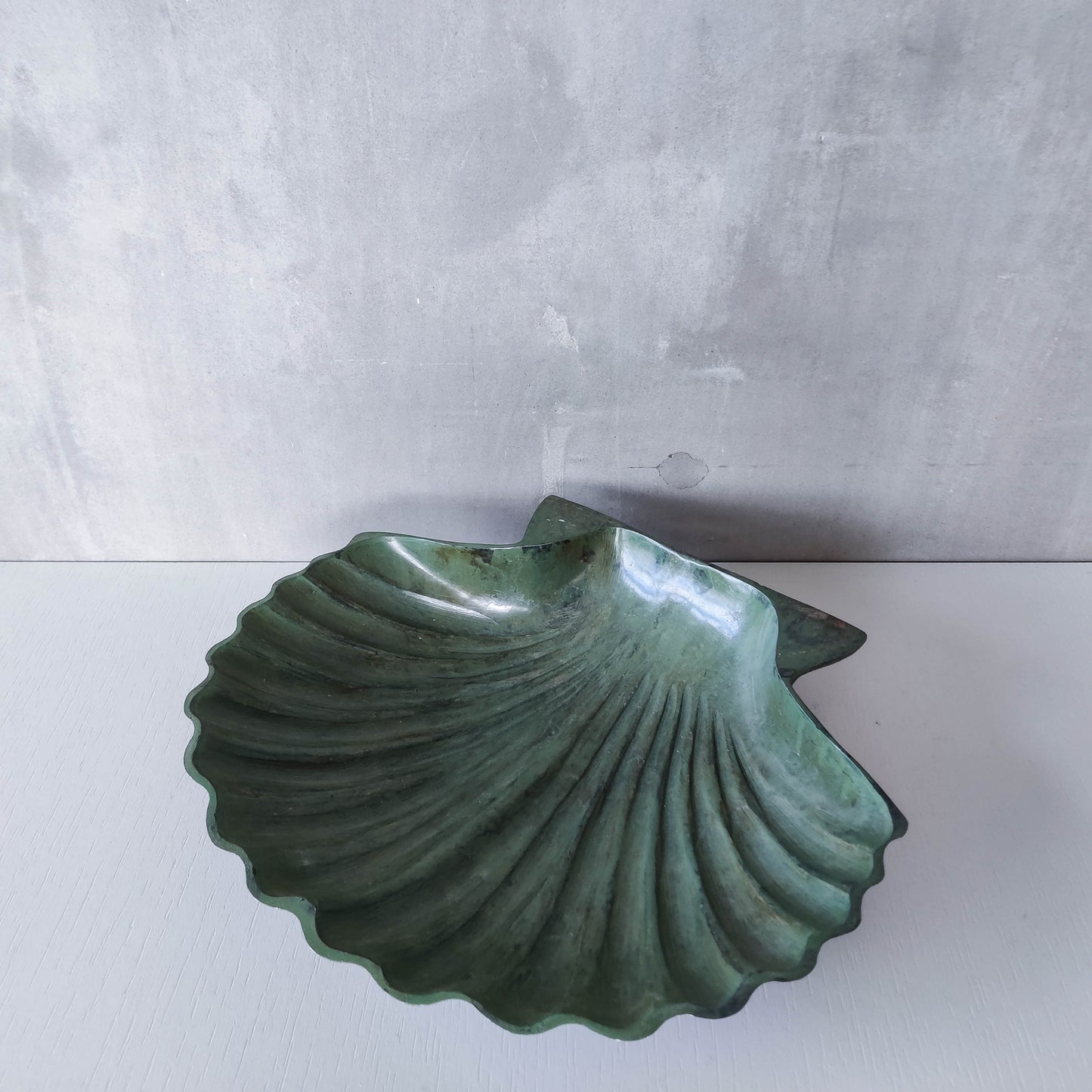 Vintage cast metal scallop shell dish vide poche catchall with green patina