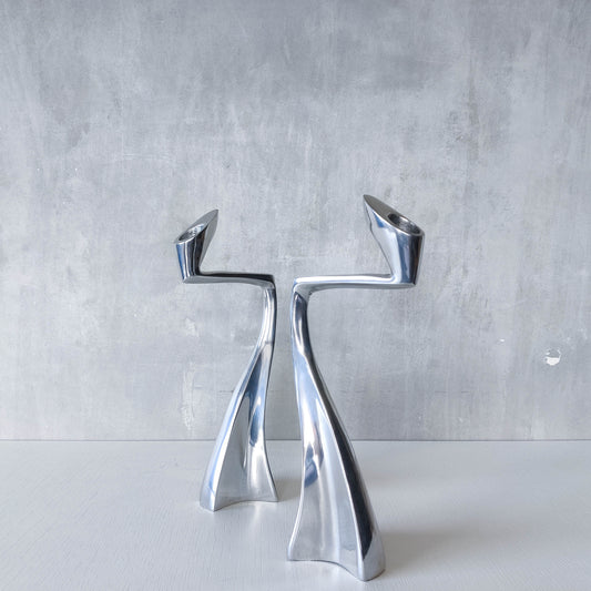Vintage 1990s cast aluminium sculptural candle holders Matthew Hilton style