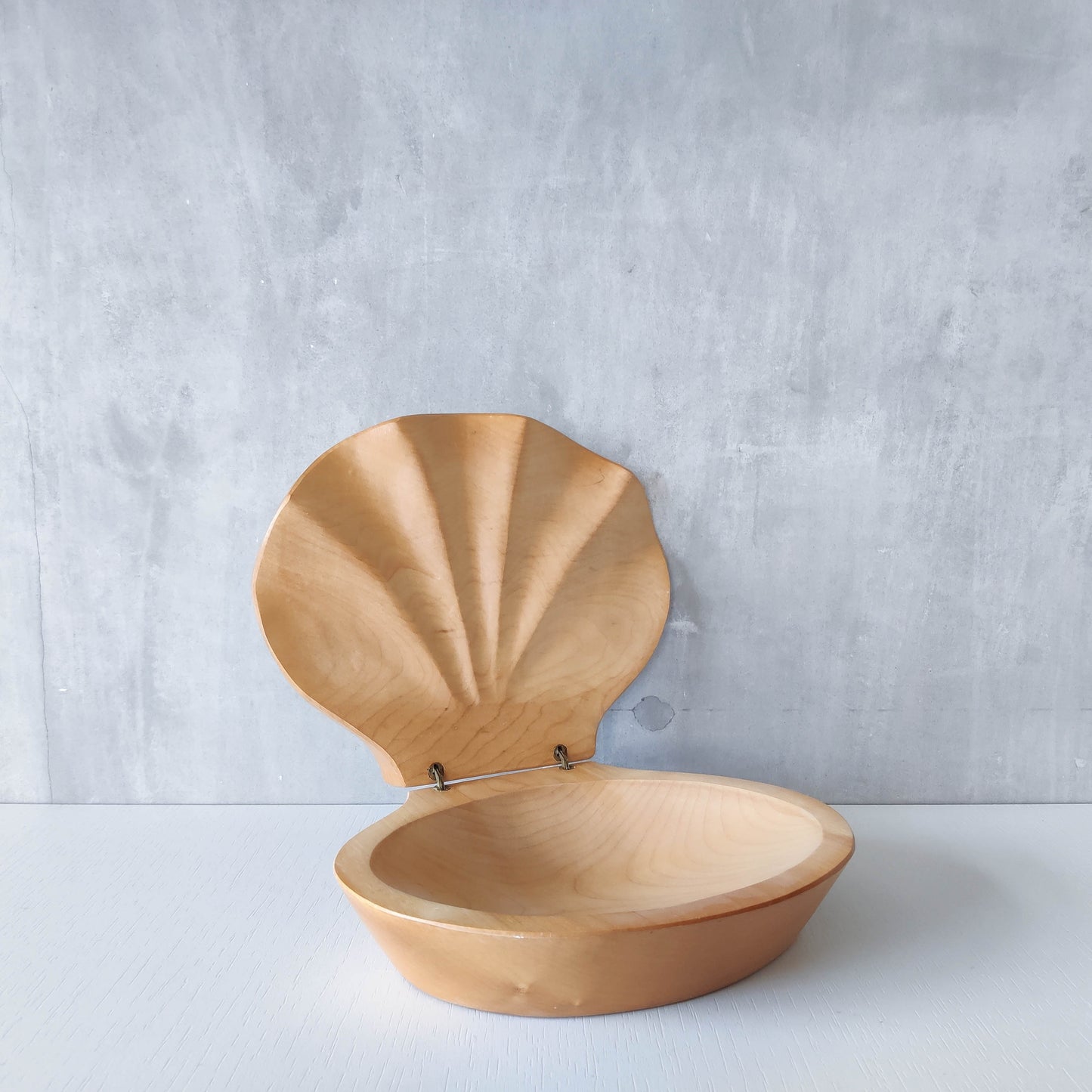 Sculptural hand carved beech wood scallop shell trinket box