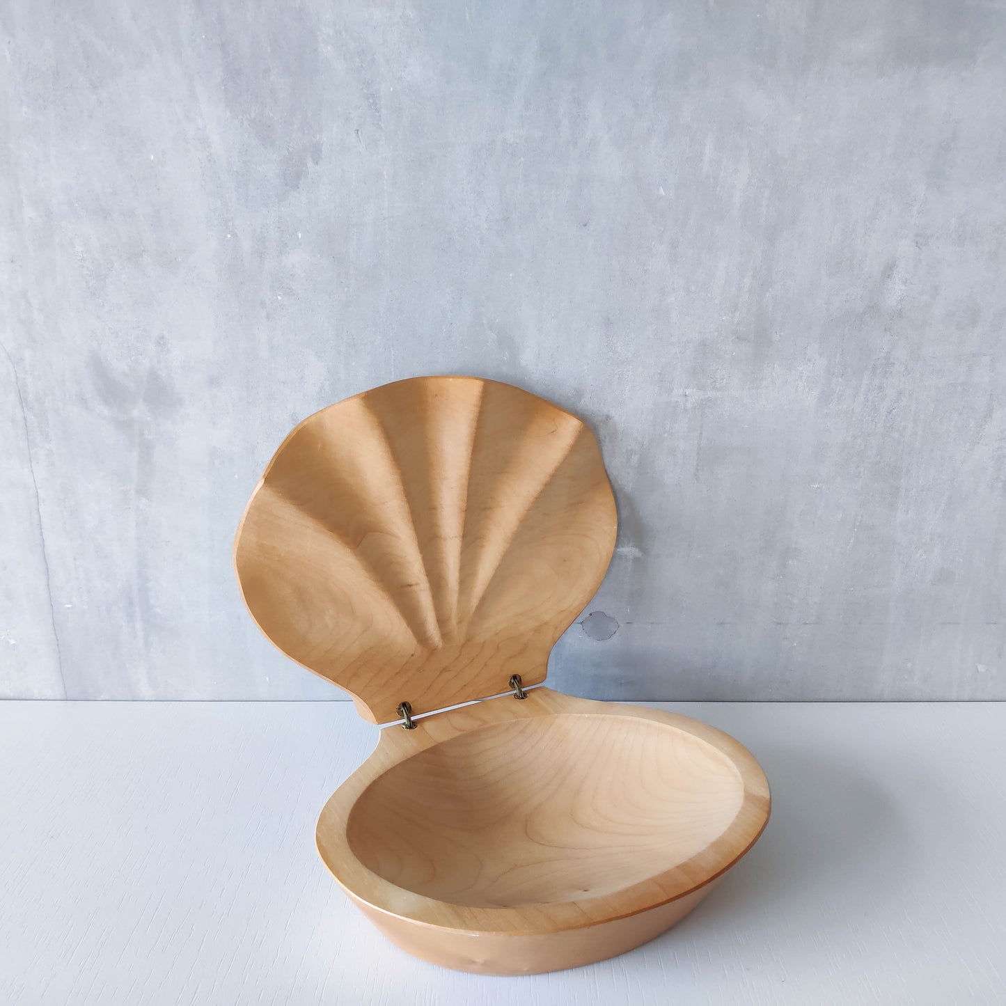 Sculptural hand carved beech wood scallop shell trinket box