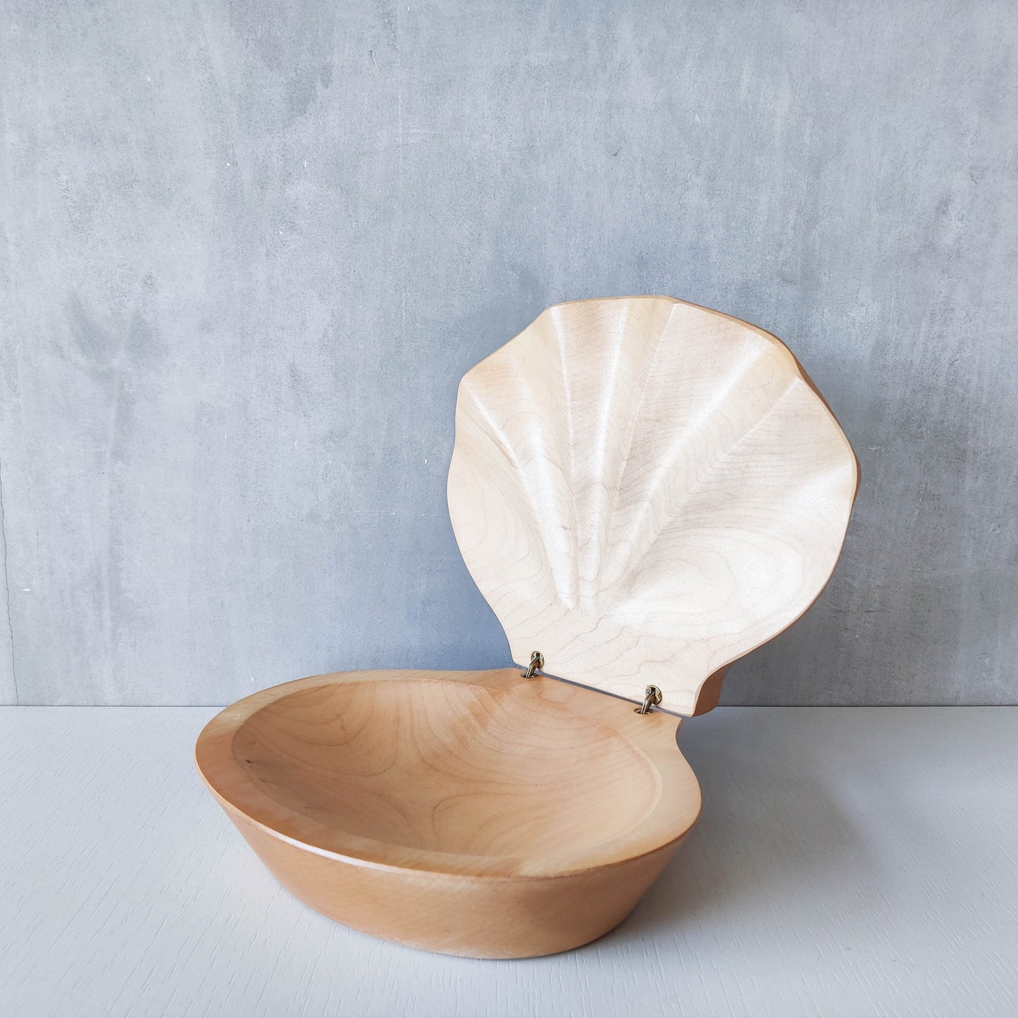 Sculptural hand carved beech wood scallop shell trinket box