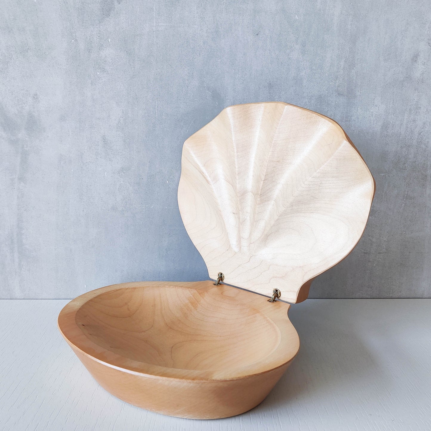 Sculptural hand carved beech wood scallop shell trinket box