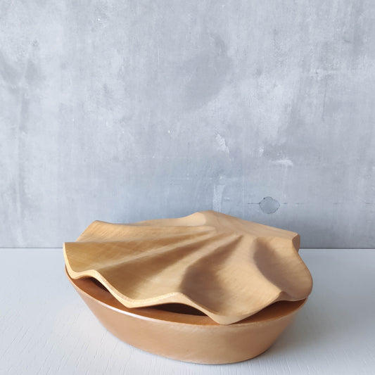 Sculptural hand carved beech wood scallop shell trinket box