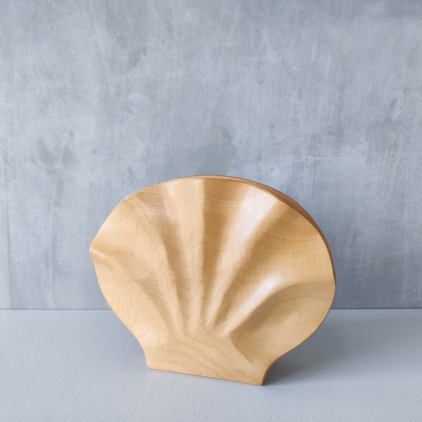 Sculptural hand carved beech wood scallop shell trinket box