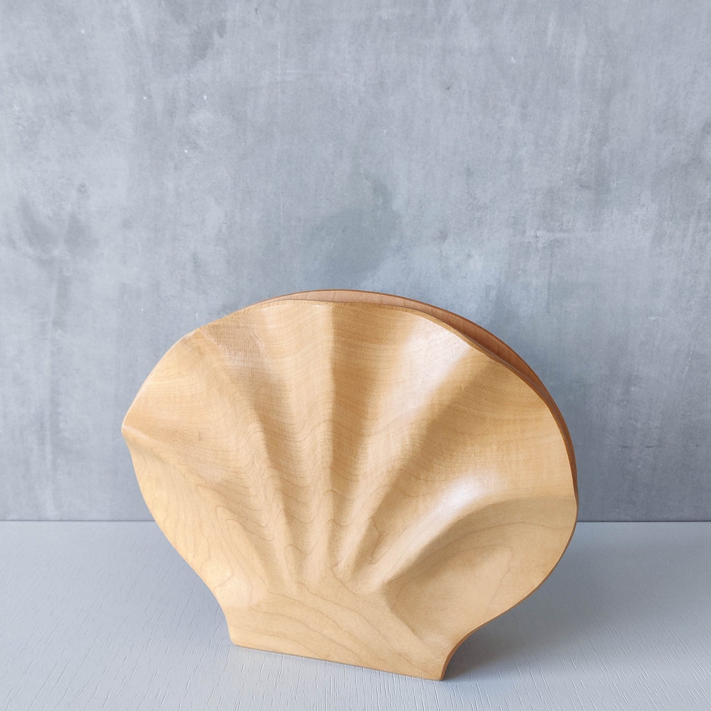 Sculptural hand carved beech wood scallop shell trinket box