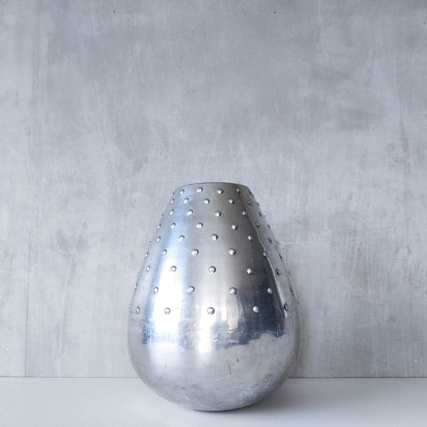 Large vintage 1990s silver pressed metal hobnail studded dimple vase Leon Fontier style