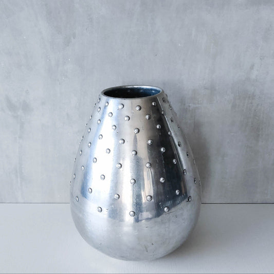 Large vintage 1990s silver pressed metal hobnail studded dimple vase Leon Fontier style