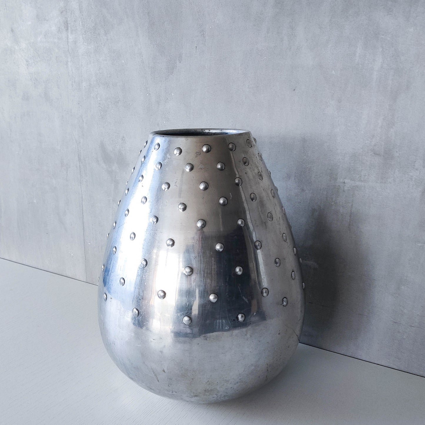 Large vintage 1990s silver pressed metal hobnail studded dimple vase Leon Fontier style