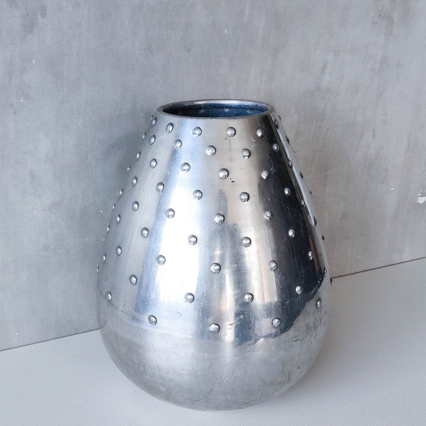 Large vintage 1990s silver pressed metal hobnail studded dimple vase Leon Fontier style