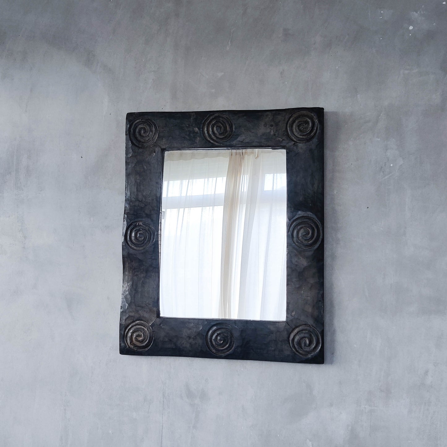 Vintage chunky solid hand carved hardwood wood spiral swirl sculptural mirror