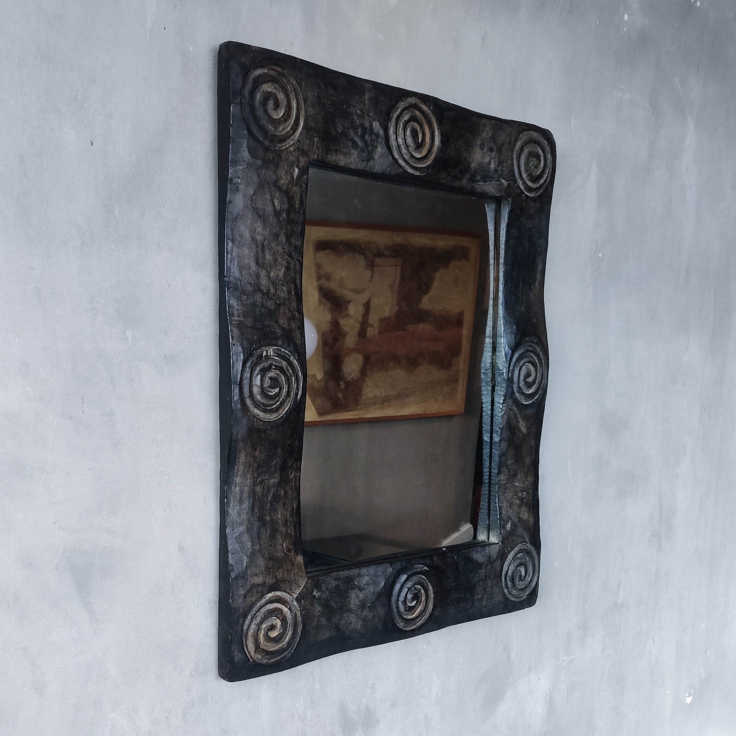 Vintage chunky solid hand carved hardwood wood spiral swirl sculptural mirror