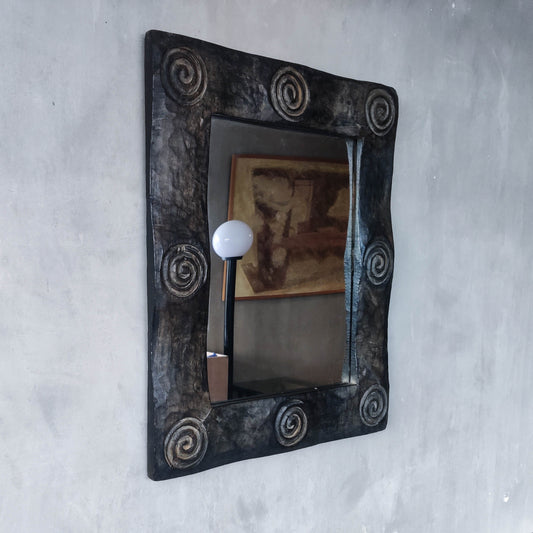 Vintage chunky solid hand carved hardwood wood spiral swirl sculptural mirror