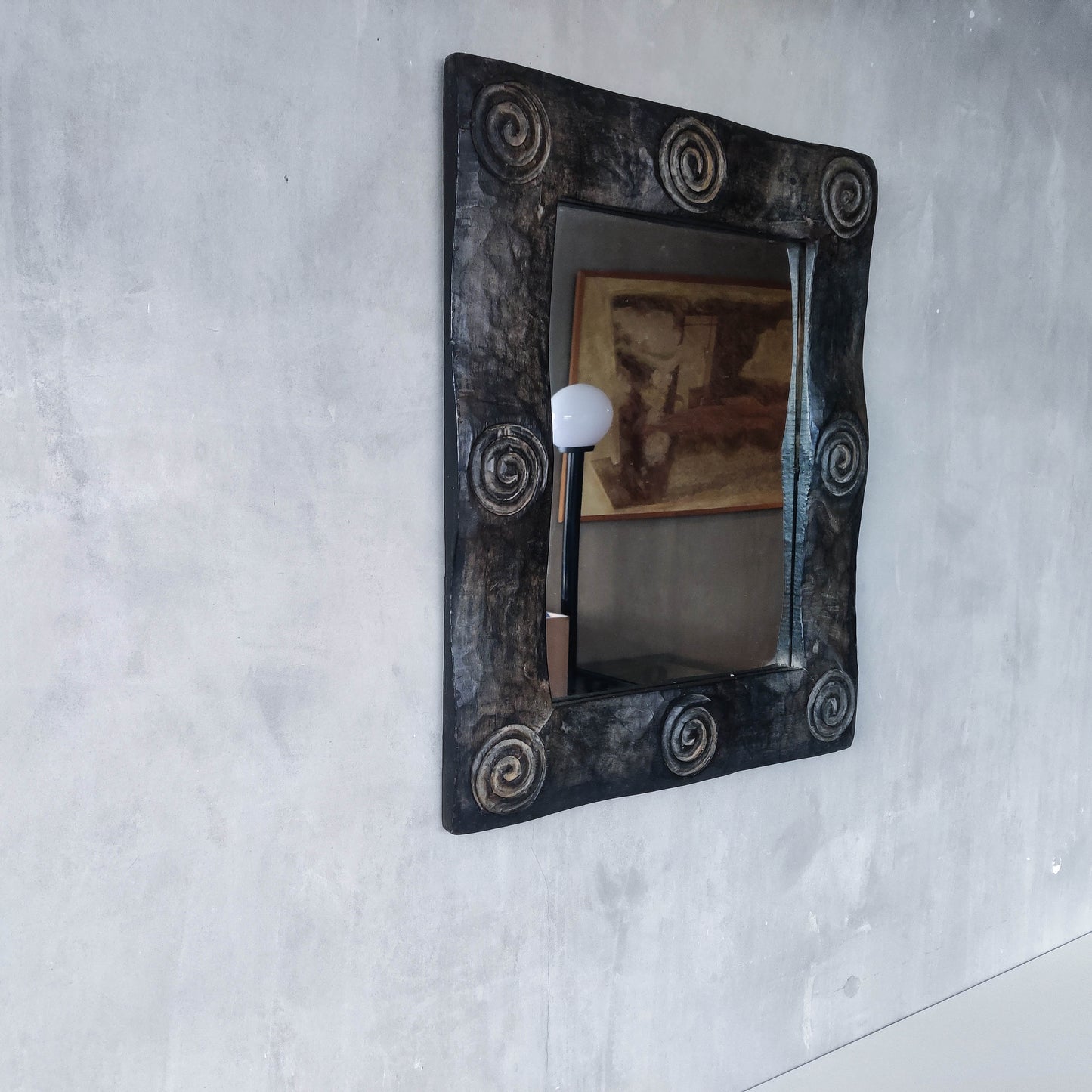 Vintage chunky solid hand carved hardwood wood spiral swirl sculptural mirror