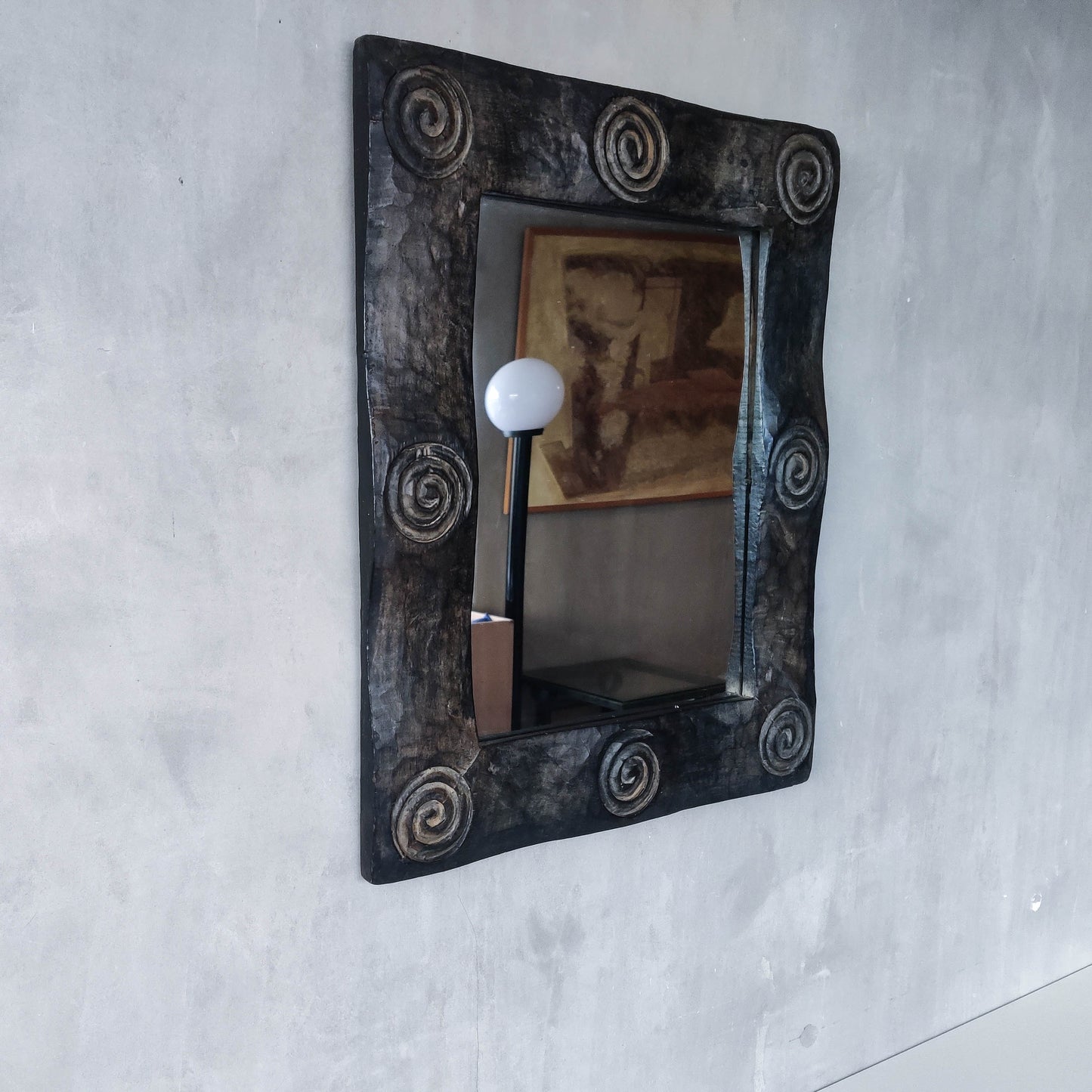 Vintage chunky solid hand carved hardwood wood spiral swirl sculptural mirror