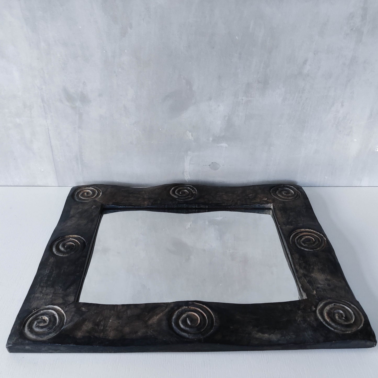 Vintage chunky solid hand carved hardwood wood spiral swirl sculptural mirror