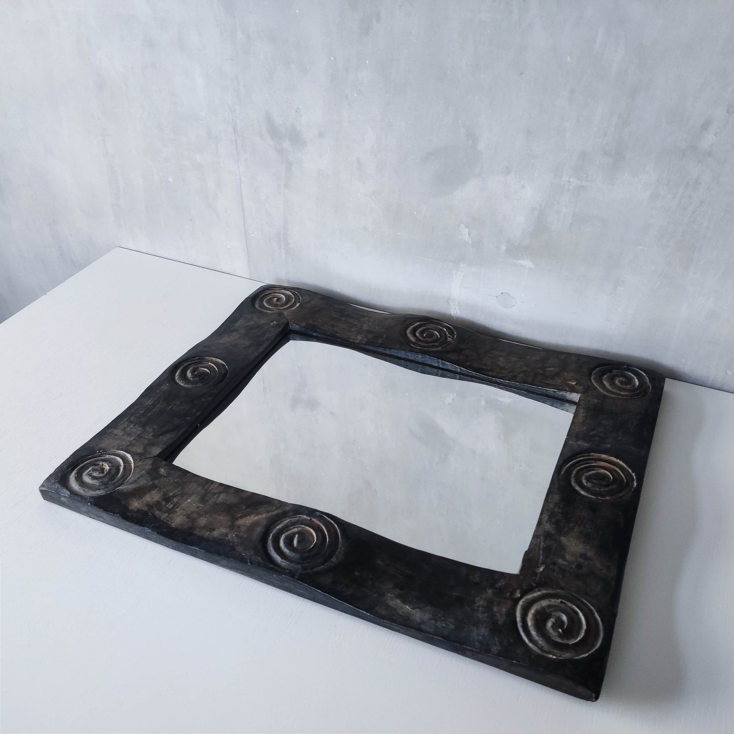 Vintage chunky solid hand carved hardwood wood spiral swirl sculptural mirror