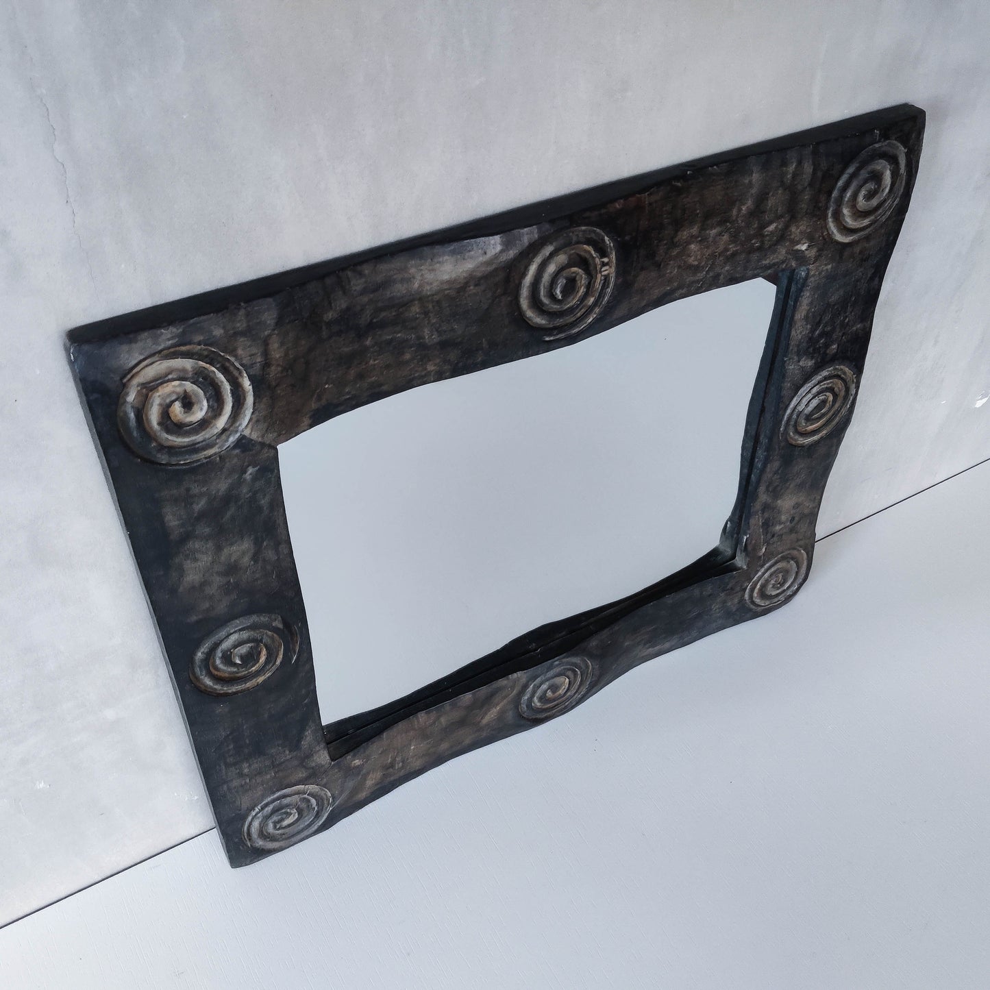 Vintage chunky solid hand carved hardwood wood spiral swirl sculptural mirror