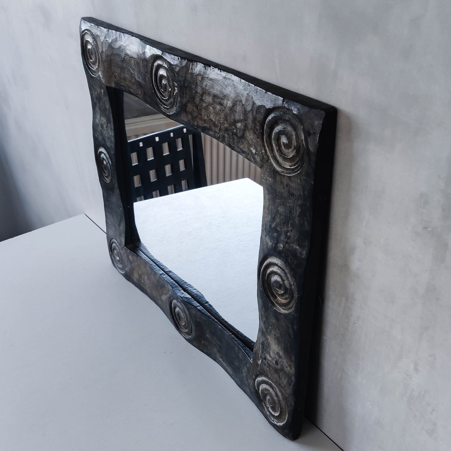 Vintage chunky solid hand carved hardwood wood spiral swirl sculptural mirror