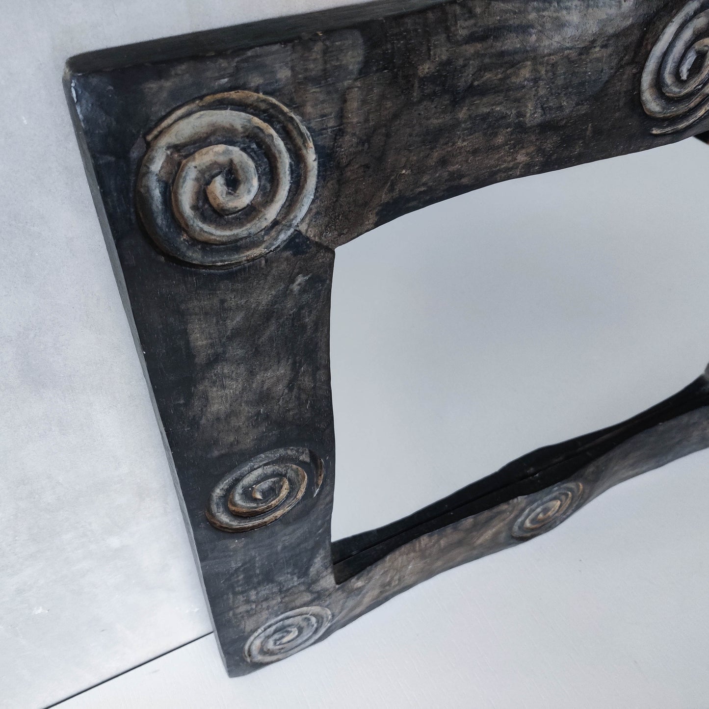 Vintage chunky solid hand carved hardwood wood spiral swirl sculptural mirror