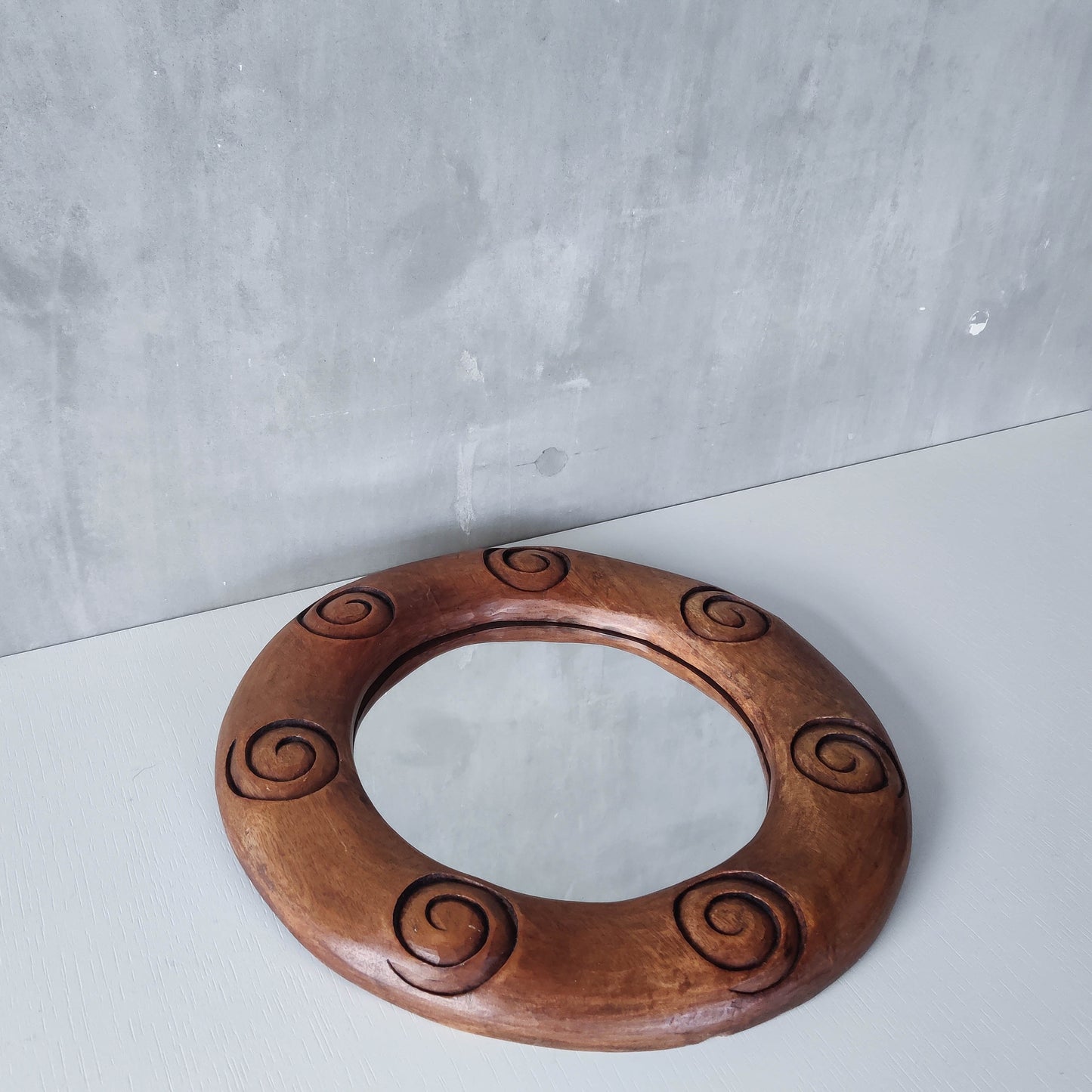 Vintage chunky solid hand carved hardwood wood spiral swirl sculptural round mirror