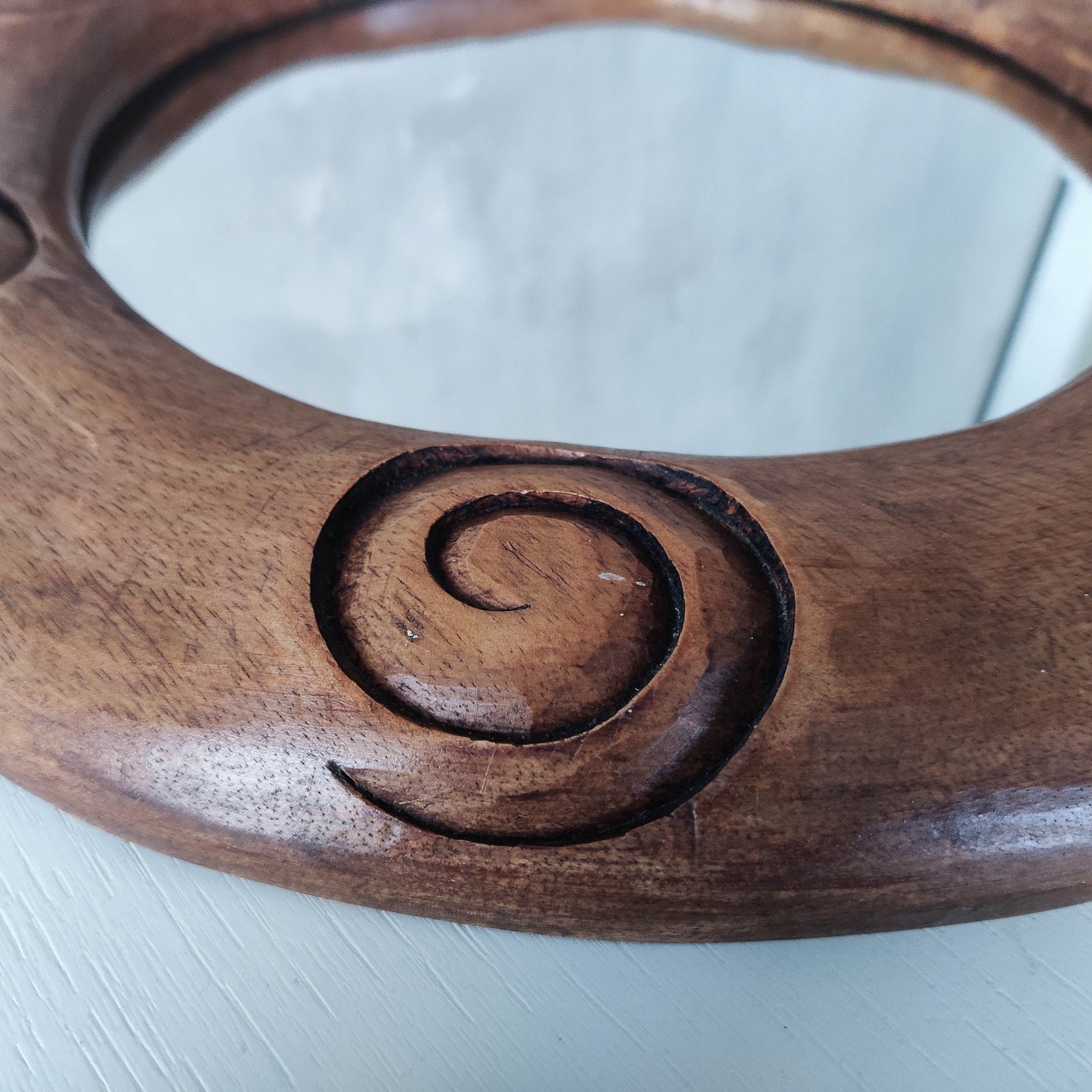 Vintage chunky solid hand carved hardwood wood spiral swirl sculptural round mirror