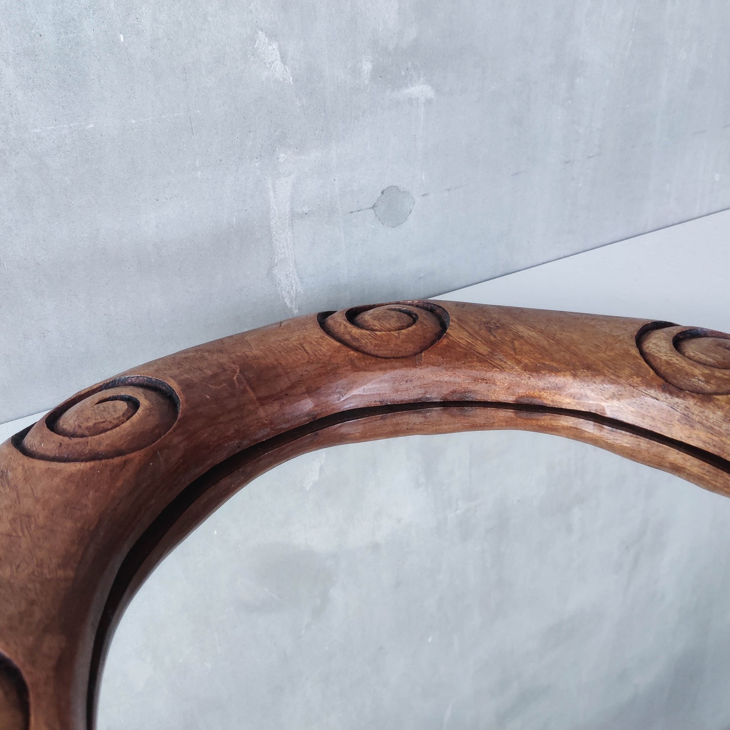 Vintage chunky solid hand carved hardwood wood spiral swirl sculptural round mirror