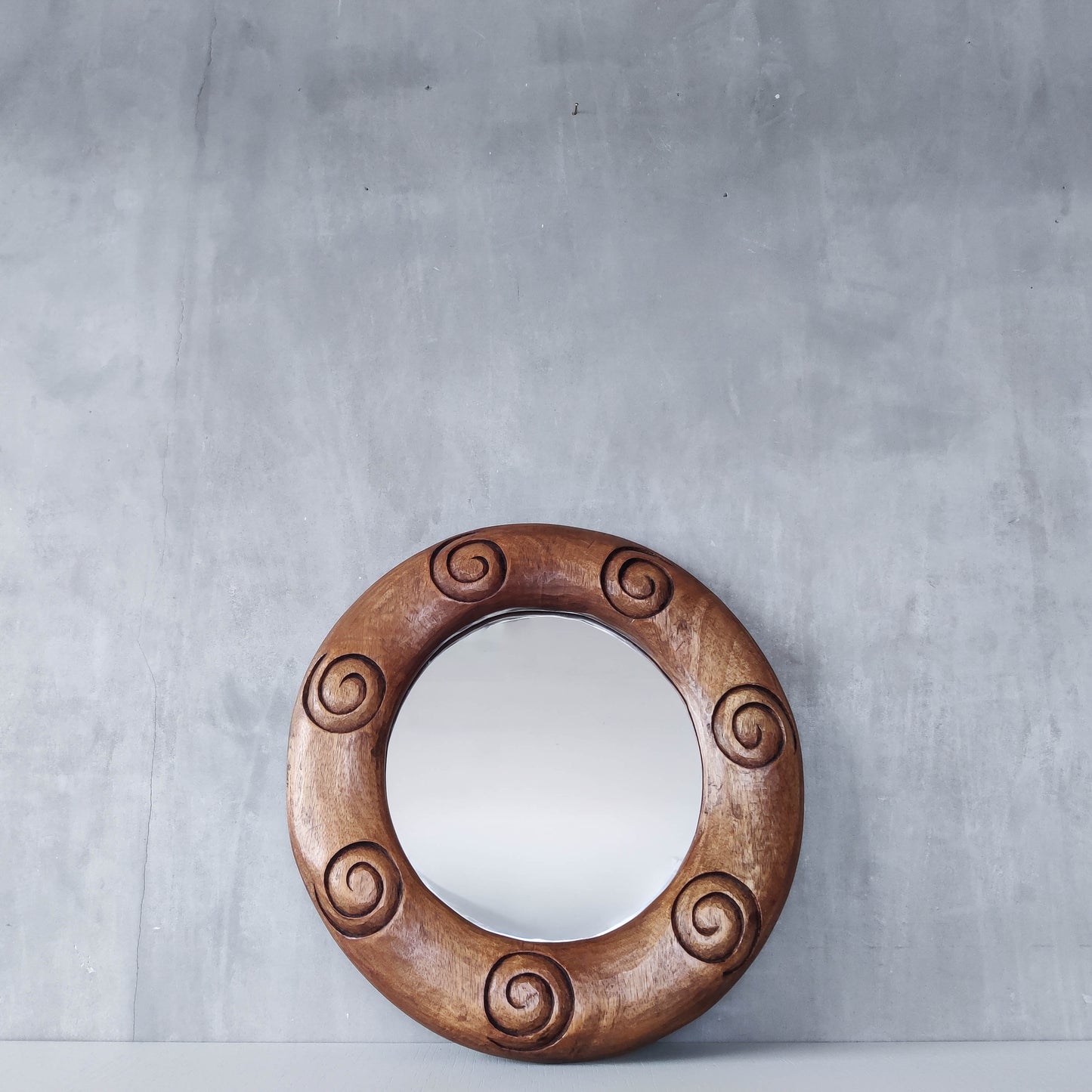 Vintage chunky solid hand carved hardwood wood spiral swirl sculptural round mirror