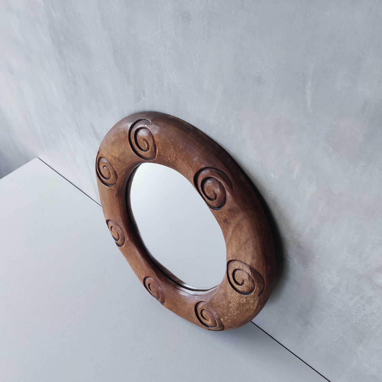 Vintage chunky solid hand carved hardwood wood spiral swirl sculptural round mirror