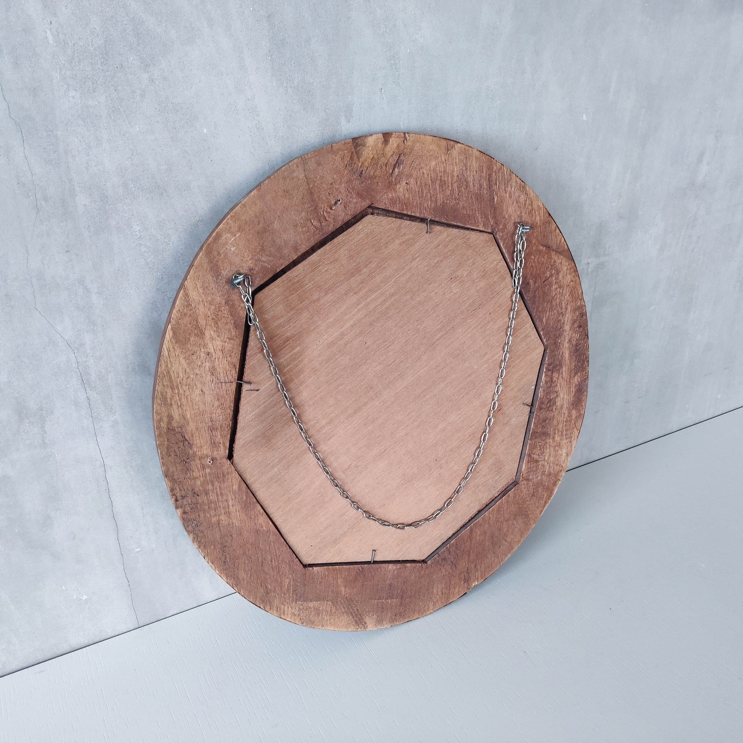 Vintage chunky solid hand carved hardwood wood spiral swirl sculptural round mirror