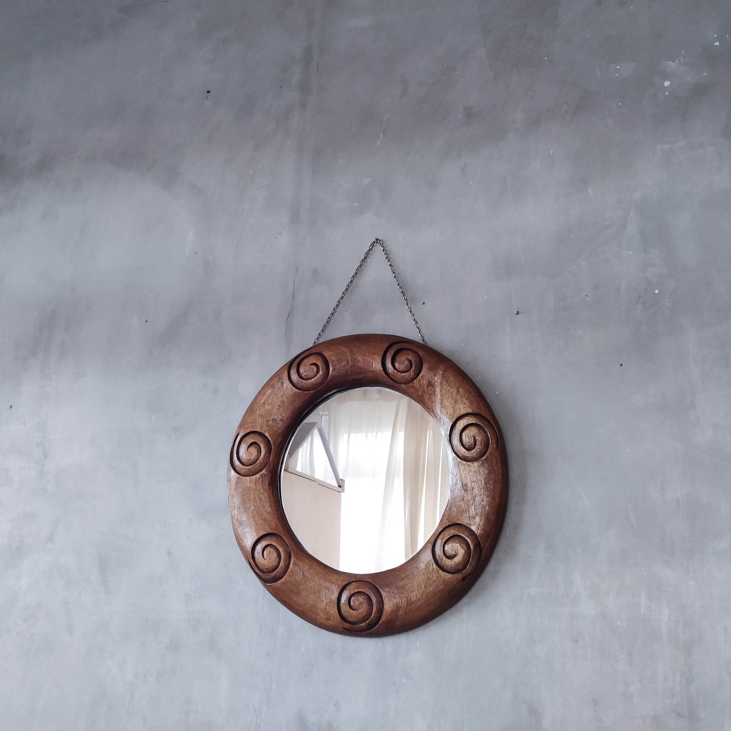 Vintage chunky solid hand carved hardwood wood spiral swirl sculptural round mirror