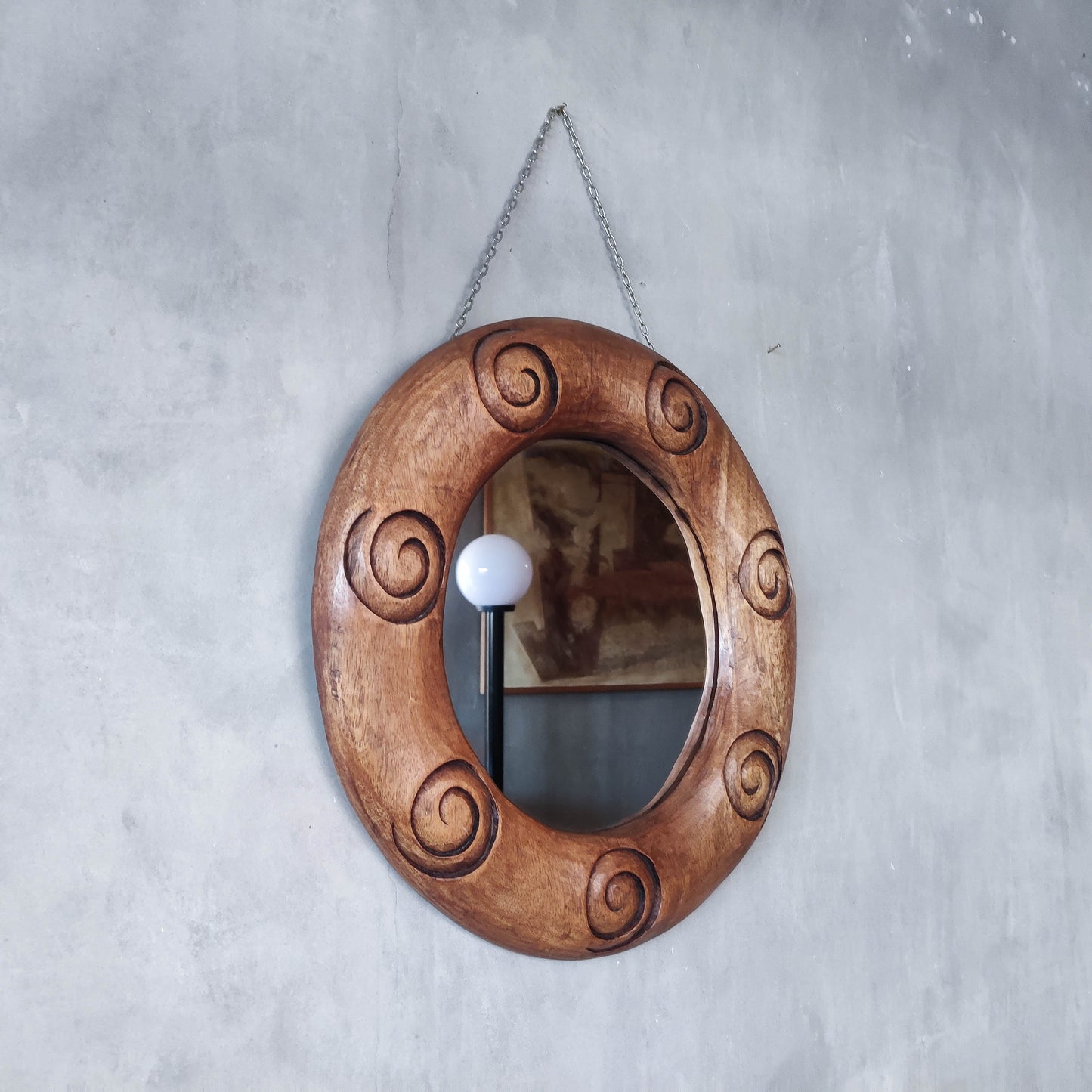 Vintage chunky solid hand carved hardwood wood spiral swirl sculptural round mirror