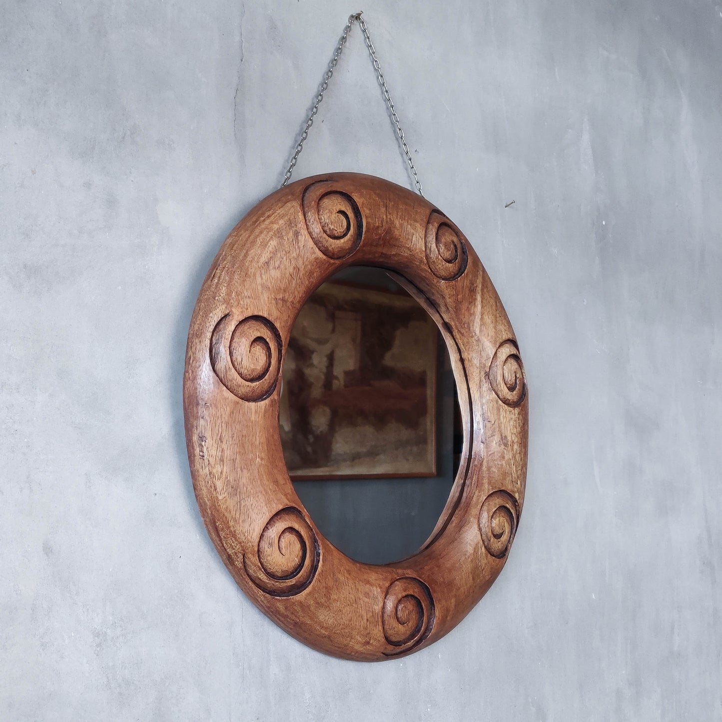 Vintage chunky solid hand carved hardwood wood spiral swirl sculptural round mirror
