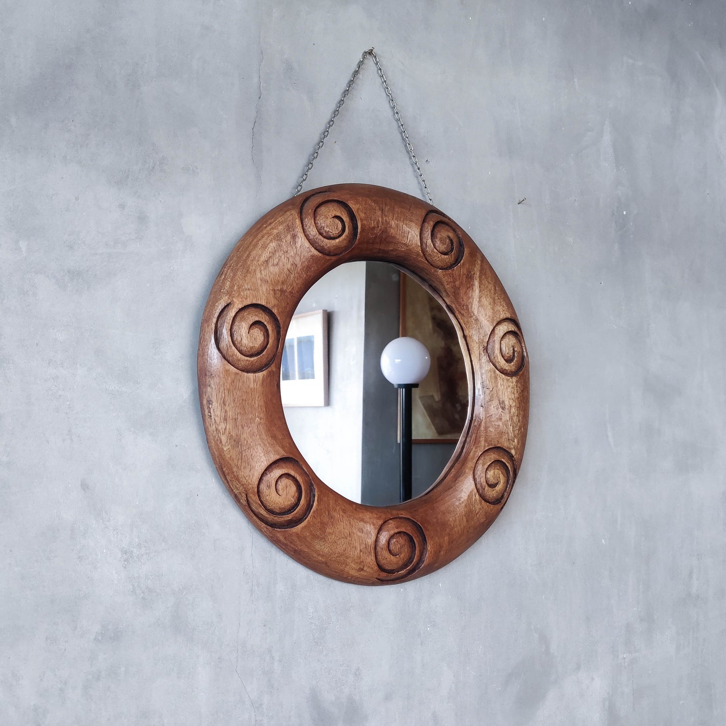 Vintage chunky solid hand carved hardwood wood spiral swirl sculptural round mirror