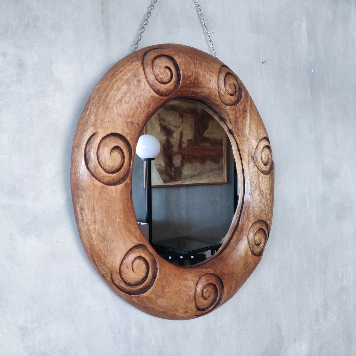 Vintage chunky solid hand carved hardwood wood spiral swirl sculptural round mirror